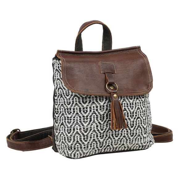 Myra Bag Handmade Leffis Backpack Upcycled Canvas & Cowhide Leather - Picture 2 of 6